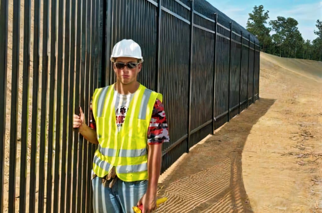 Worker standing next to newly installed fence